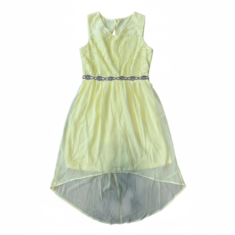 Girls Elegant High-Low Party Dress, Pale Yellow Lace Bodice with Crystal Belt, C